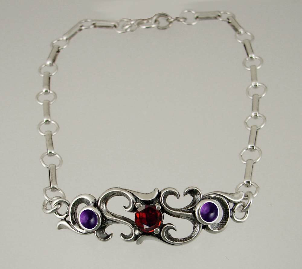 Sterling Silver Bracelet With Faceted Garnet And Amethyst
